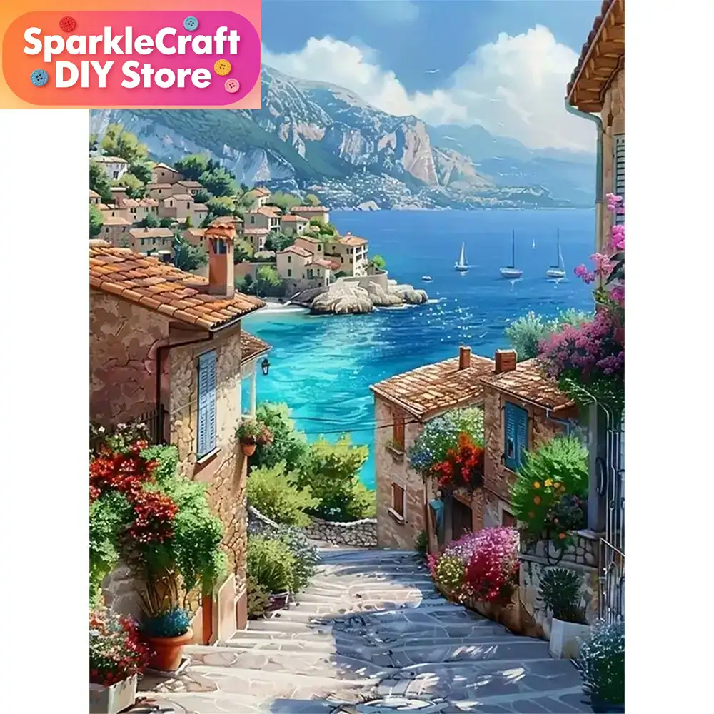 Resin Art Canvas - 1pc frameless Diamond Painting Street Seaside