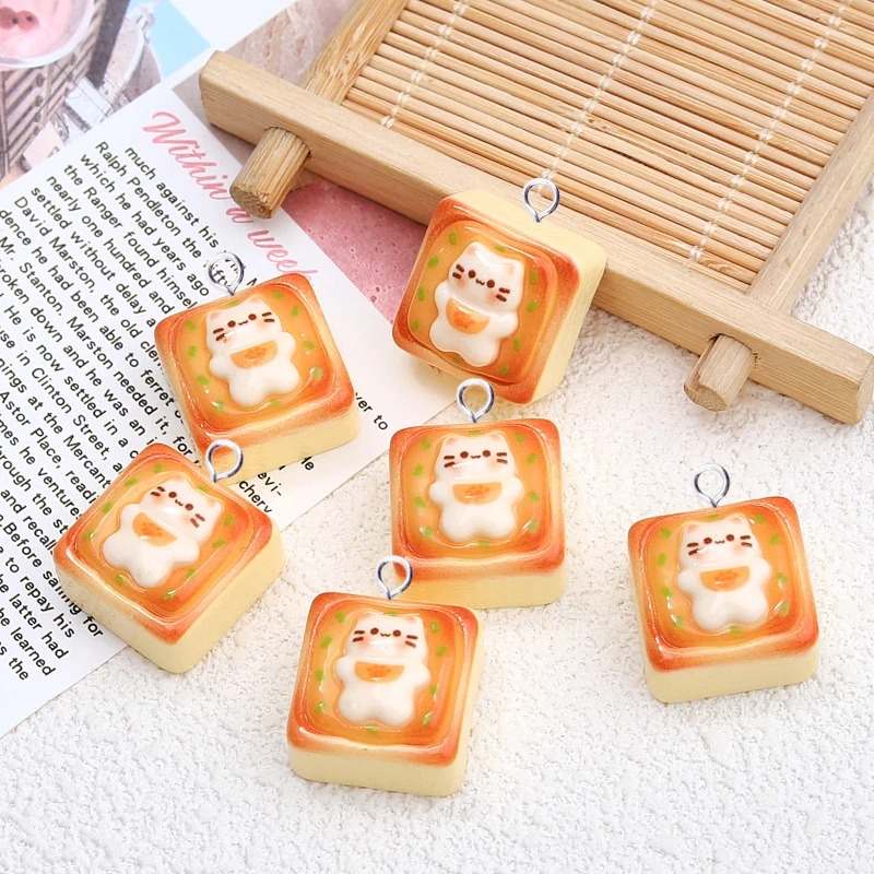 Resin Art Keychain - 10Pcs Kawaii Cat Toast Bread Resin